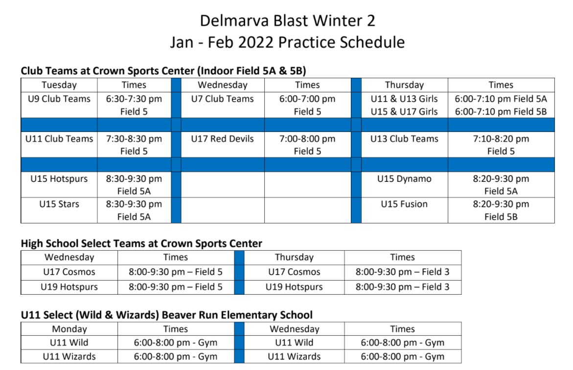 DBSC winter practice schedule